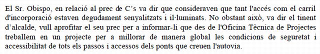 Respuesta del Equipo de Gobierno del Ayuntamiento de Gavà a la propuesta de C's de instalar farolas en la salida 185 de la autova de Castelldefels en Gav Mar (26 de Noviembre de 2009)